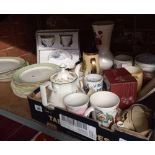 SHELF WITH CARTON OF MISC CHINAWARE, VASES, TEA POT, MUGS, PLATES BY BARRATTS OF STAFFORDSHIRE & A