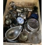 CARTON WITH SMALL TROPHY CUPS, EGG CUPS, STONE ASHTRAY, CANDLE SNUFFER, METAL RIM DISHES & A BOAT IN