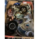 3 CARTONS OF MISC GLASSES, NAPKIN RINGS, TINS, COASTERS & OTHER BRIC-A-BRAC