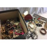 LARGE CARTON OF COSTUME JEWELLERY, BEADS, PEARLS, COMPACTS, BRACELETS, NECKLACES ETC