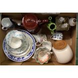 CARTON OF MISC CHINAWARE INCL; SALT POT & BROWN ENAMEL COFFEE POT