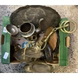 CARTON OF MISC PLATED & BRASS WARE INCL; A TRAY, COFFEE POT
