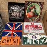 PLASTIC 'RALLY IN THE VALLEY' SIGN, A METAL NEW YORK NUMBER PLATE & 4 OTHERS