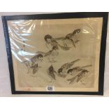 ANTIQUE JAPANESE PRINT OF SPARROWS, SIGNED AND WITH RED SEAL, UNFRAMED