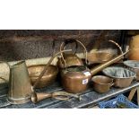 SHELF OF MISC COPPERWARE INCL; A WARNING HORN, JELLY MOULDS, KETTLE & 5LTR BROWN ENAMELLED PETROLEUM