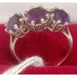 3 STONE AMETHYST RING SET IN 9ct WHITE GOLD