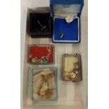 GOLD COLOURED CUFF LINKS, BOXED, BONE CHINA PIN, BOXED, GOLD COLOURED NECKLACE & EARRINGS (MALTA),
