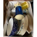 CARTON WITH MISC CHINAWARE INCL; PLATES BY MASON REGENCY, VASES, STORM CANDLE LIGHTS & 2 VINTAGE