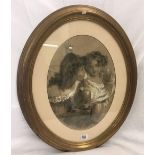 19THC CHARCOAL AND CHALK DRAWING OF TWO LITTLE GIRLS, OVAL