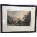 ANTIQUE COLOURED PRINT OF AN EARLY 19THC RIVER SCENE WITH BRIDGE & FIGURES FISHING