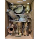 CARTON OF BRASS & COPPER ITEMS INCL; COPPER EMBOSSED JUGS & BRASS BELL