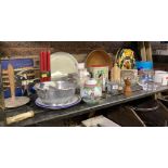 SHELF OF VARIOUS KITCHEN ITEMS, BOWLS, KILNER JARS, CANDLES & CONNOISSEUR CORK SCREW