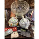 CARTON WITH 2 CHINA TEA POTS, GLASS BOWL, SAND TIMER & VARIOUS VINTAGE MOBILE PHONES