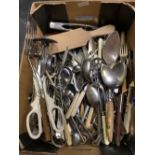 CARTON OF KITCHEN CUTLERY INCL; KNIVES, FORKS, SPOONS ETC