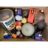 CARTON WITH PROJECTOR BULBS, OLD & UNUSUAL LIGHT BULBS, A BULK HEAD LIGHT & MISC CAR BULBS