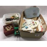 CARTON OF PLASTIC TOYS, LOOSE STAMPS ETC