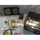 1 BOX CONTAINING VARIOUS CROWNS, BOXED & LOOSE, PLUS MEDALLIONS, PLUS SOME COINS ON CARDS & 2