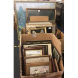 LARGE QUANTITY OF FRAMED WATERCOLOURS, OIL PAINTINGS, ANTIQUE PRINTS ETC IN TWO BOXES