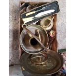 CARTON OF MISC BRASS WARE INCL; EMBOSSED TRAY, BRASS JAM PAN, MEAT CARVING SET & OTHER METALWARE