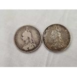 TWO VICTORIAN SILVER SHILLINGS 1887 & 1888
