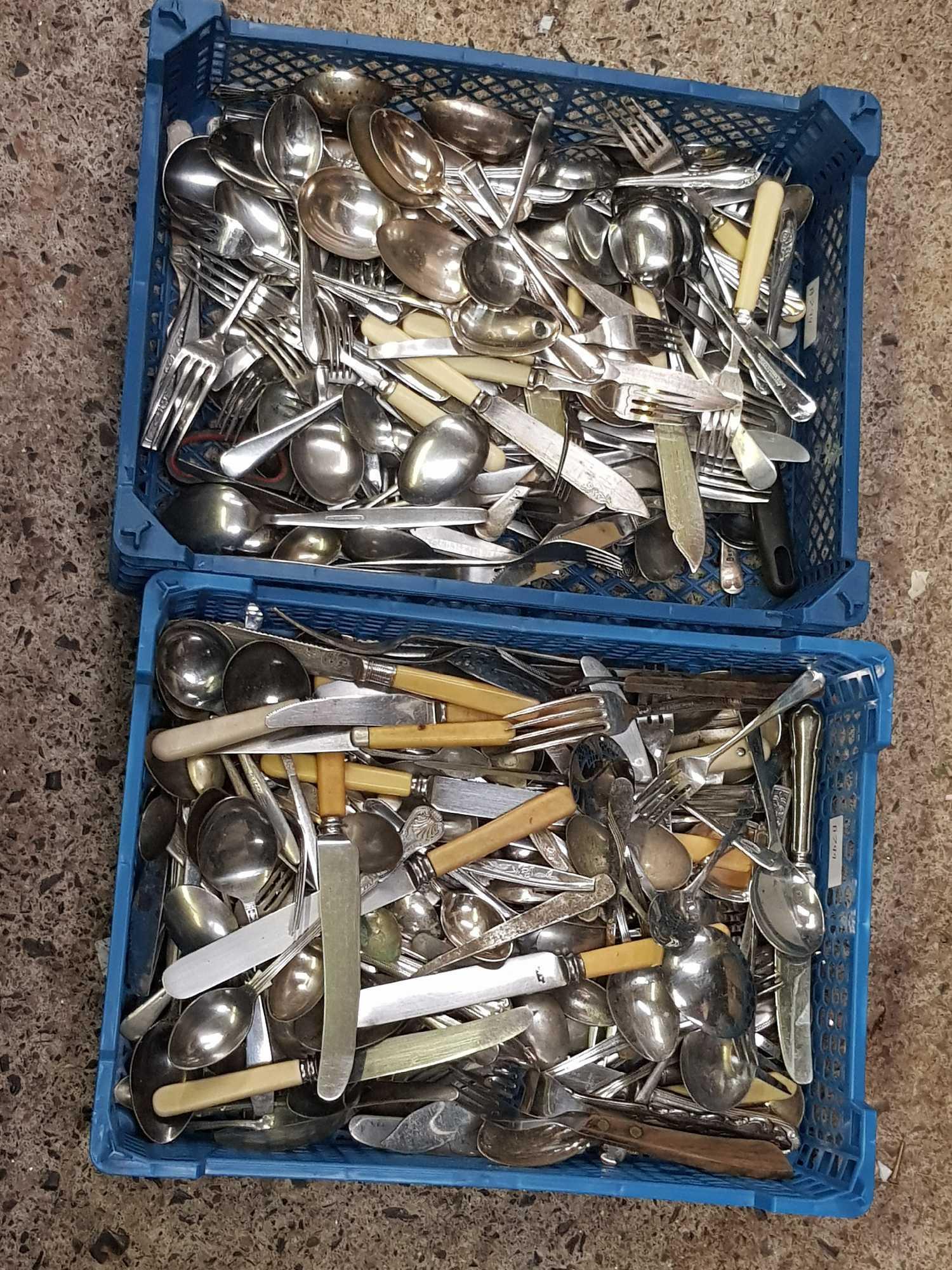 2 CARTONS OF MISC CUTLERY, KNIVES, FORKS, SPOONS ETC
