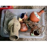 CARTON WITH EARTHENWARE POTTERY, METAL & GLASS SPIRAL VASE, METAL FRUIT DISH & AN AMPHORA SHAPED