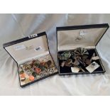 2 JEWELLERY BOXES WITH SILVER COLOURED M.O.P BROOCHES, PENDANTS & WHITE STONE JEWELLERY
