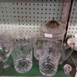 SHELF OF CUT GLASS WHISKY TUMBLERS, GLASSES, GOBLETS, BOWLS ETC