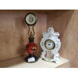 2 ORNAMENTAL DRESSING TABLE CLOCKS, 1 IN PORCELAIN