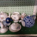 SHELF OF VARIOUS TEA POTS, BOWLS, JUGS ETC