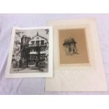 TWO UNFRAMED ETCHINGS; ONE OF MOLES COFFEE HOUSE, CATHEDRAL GREEN, EXETER, SIGNED W H SWEET,