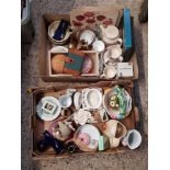 2 CARTONS OF MIXED CHINAWARE INCL; MUGS, VASES, CUPS & SAUCERS, BRASS CANDLE STICKS & BRIC-A-BRAC
