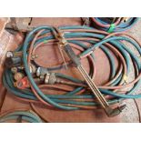 PAIR OF OXY-ACETYLENE HOSES WITH GAUGES & HARRIS CUTTING TORCH