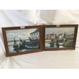 PAIR OF OIL PAINTINGS ON CANVAS OF FISHING VESSELS IN A HARBOUR. BOTH INDISTINCTLY SIGNED