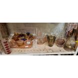 SHELF OF MISC GLASSWARE INCL; DRESSING TABLE SETS, DRINKING GLASSES & A VASE