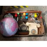 CARTON WITH DIAL TELEPHONES, GLOBE & RETRO STYLE HAT STAND ETC