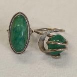 TWO GREEN STONE TINGS SET IN SILVER