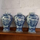 3 BLUE & WHITE DELFT 18th CENTURY LAMP BASES BY WVDB, SOME CHIPS