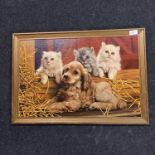 FRAMED OIL PAINTING OF A SPANIEL & 3 KITTENS BY A MCDOWALL, DATED 1977, LARGE OLD EMBROIDERY OF A