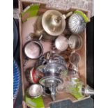 SMALL CARTON OF MISC PLATED ITEMS INCL; CASTERS, TEA POTS