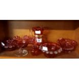 6 PIECES OF DECORATIVE CRANBERRY GLASS ETC, SLIGHT CHIPS TO 2