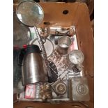 CARTON WITH MISC PLATEDWARE INCL; TRAY, FLEXI MAGNIFYING GLASS, TANKARDS