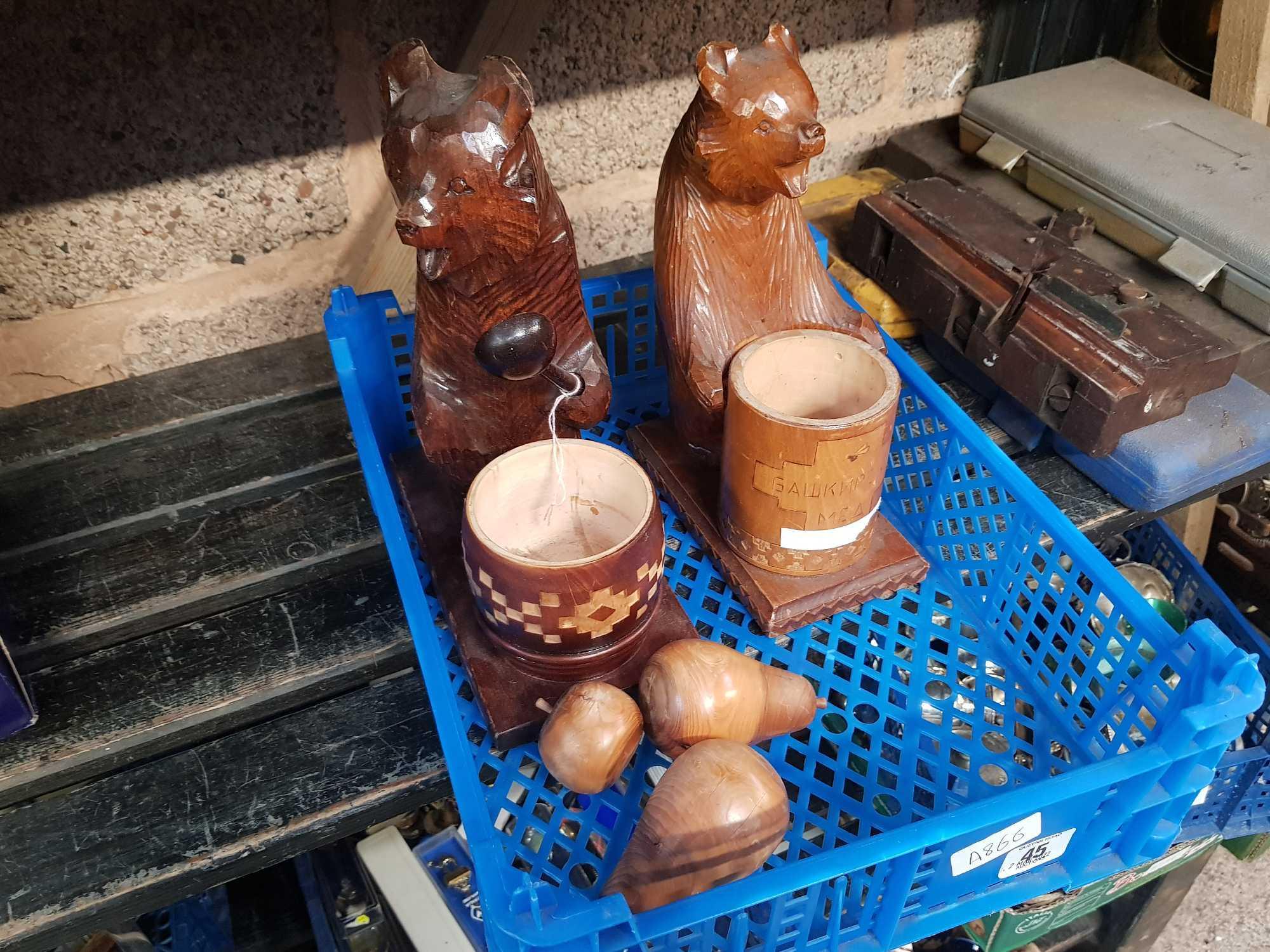 CARTON WITH 3 CARVED WOOD FRUITS & 2 POSSIBLY RUSSIAN, CARVED WOODEN HONEY BEAR POTS - Image 2 of 4