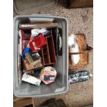 CARTON OF MISC BRIC-A-BRAC INCL; POTPOURRI, MEMO PADS, WOOD LETTER RACK, TRAVEL RUG & SMALL WICKER