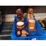 CARTON WITH 3 CARVED WOOD FRUITS & 2 POSSIBLY RUSSIAN, CARVED WOODEN HONEY BEAR POTS