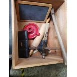 WOODEN BOX CONTAINING ROLLING PIN, SLATE BOARD, REDUCTION GEAR & RED CANDLESTICK HOLDER