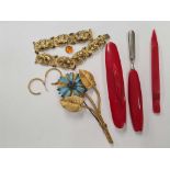 A GILT METAL & ENAMEL DRESS BROOCH, A DECO MANICURE SET ETC