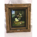 OIL PAINTING ON WOOD PANEL OF A HEN WITH CHICKS AND DOVES IN A FARMYARD. INDISTINCTLY SIGNED AND