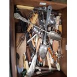 WOODEN DRAWER OF MISC SERVING UTENSILS INCL; SALAD SERVERS, FISH KNIVES & OTHER CUTLERY