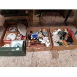 3 CARTONS OF MIXED CUPS, SAUCERS, HAIR BRUSH SETS, FIGURINES & OTHER BRIC-A-BRAC